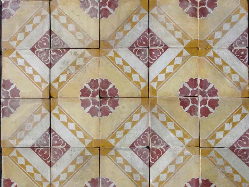 carreaux de ciment anciens - Bouquets en Damier jaune rouge