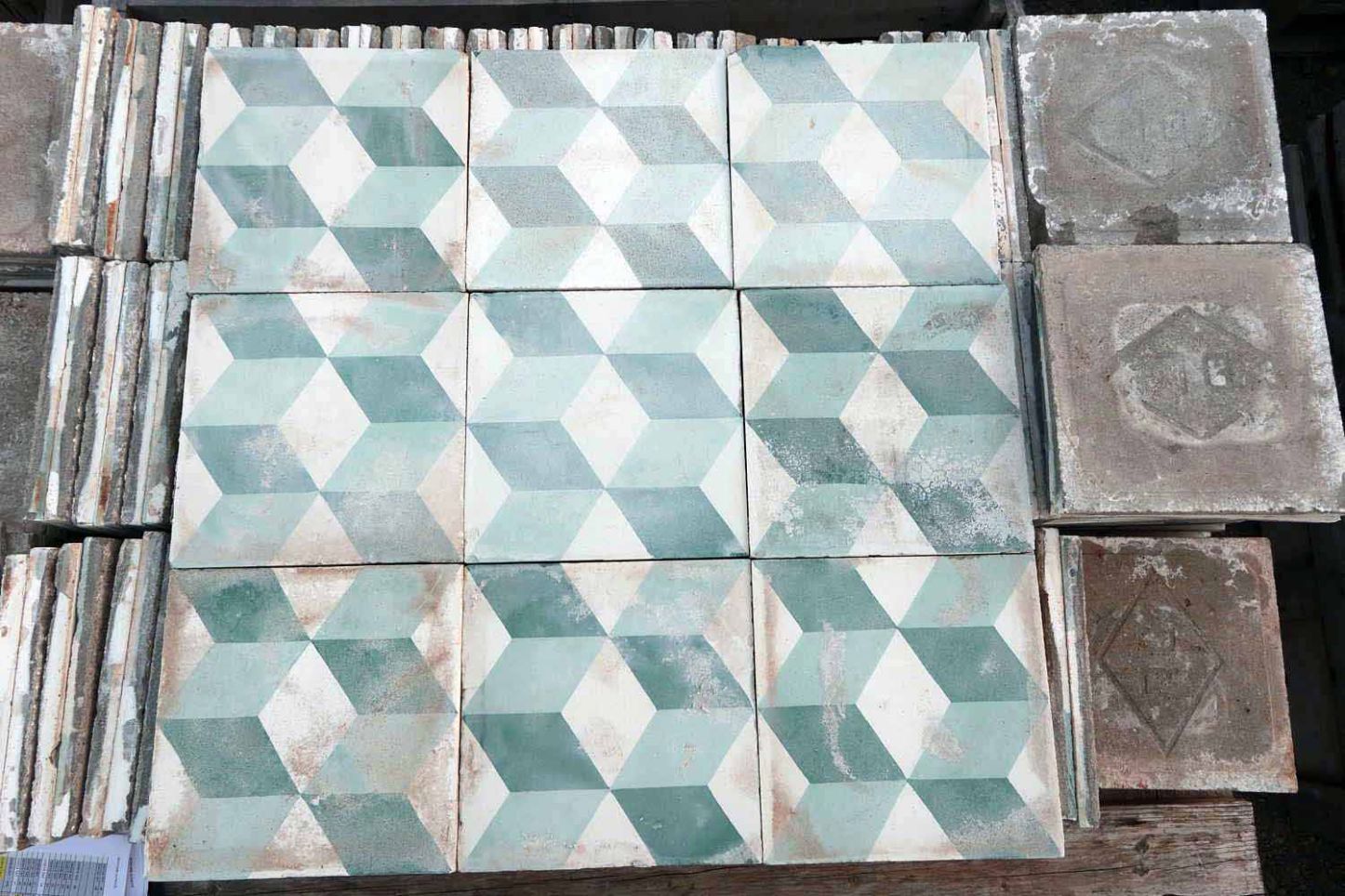 carreaux de ciment anciens - Cube Vasarely vert S