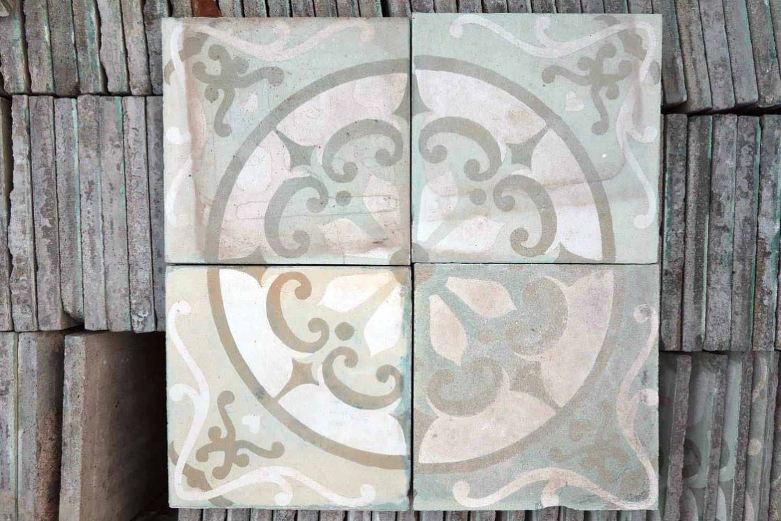 carreaux de ciment anciens - Fleur Solaire verte art nouveau