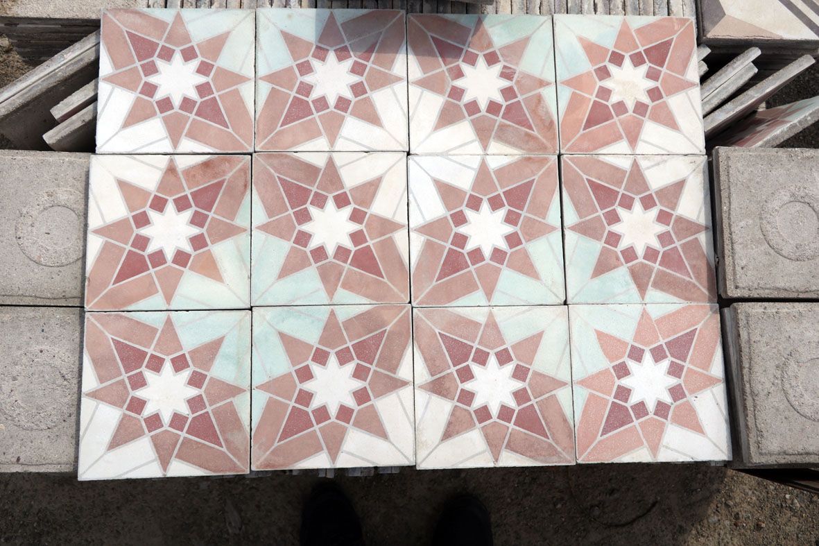 carreaux de ciment anciens - Fractal étoilé vert et rose